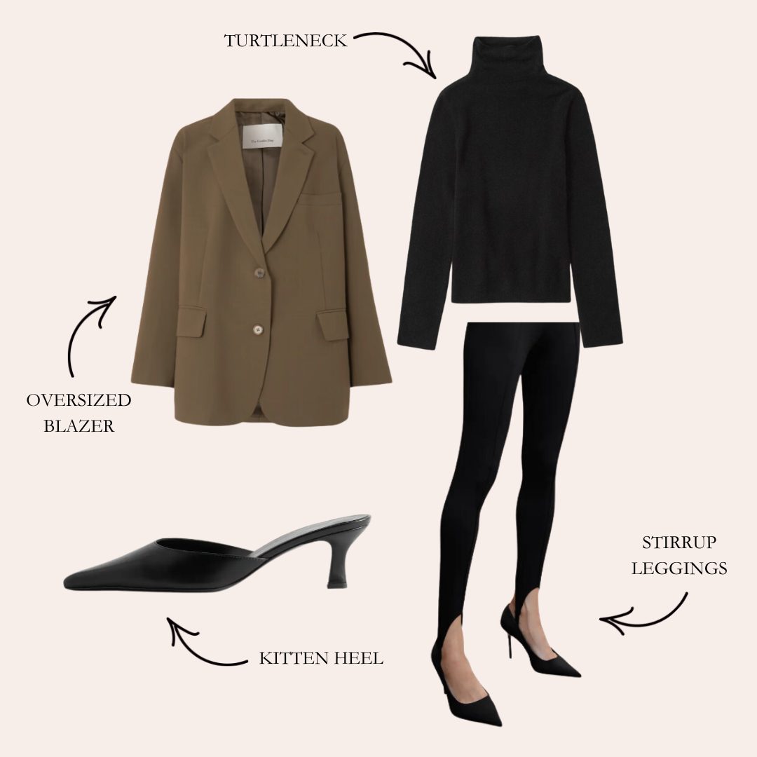 black legging outfit with blazer and heels