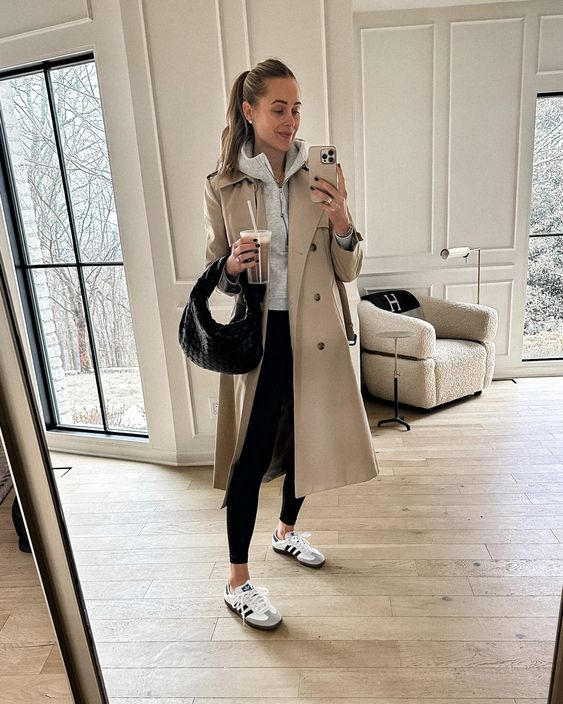 trench coat outfit with sweatshirt and leggings
