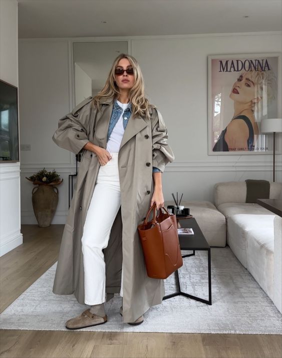 trench coat outfit with denim jacket and white jeans