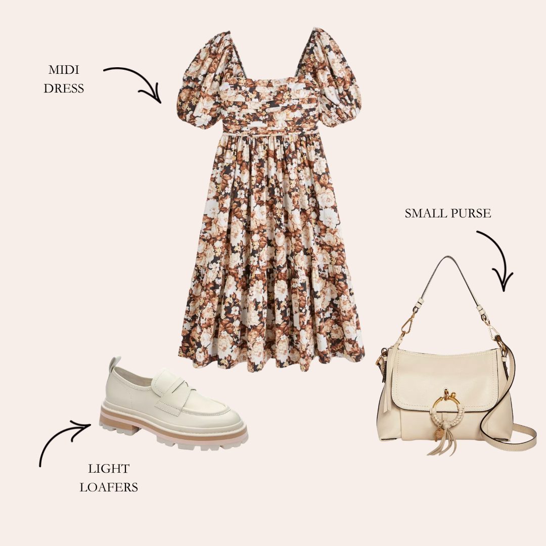 Midi dress and neutral loafer