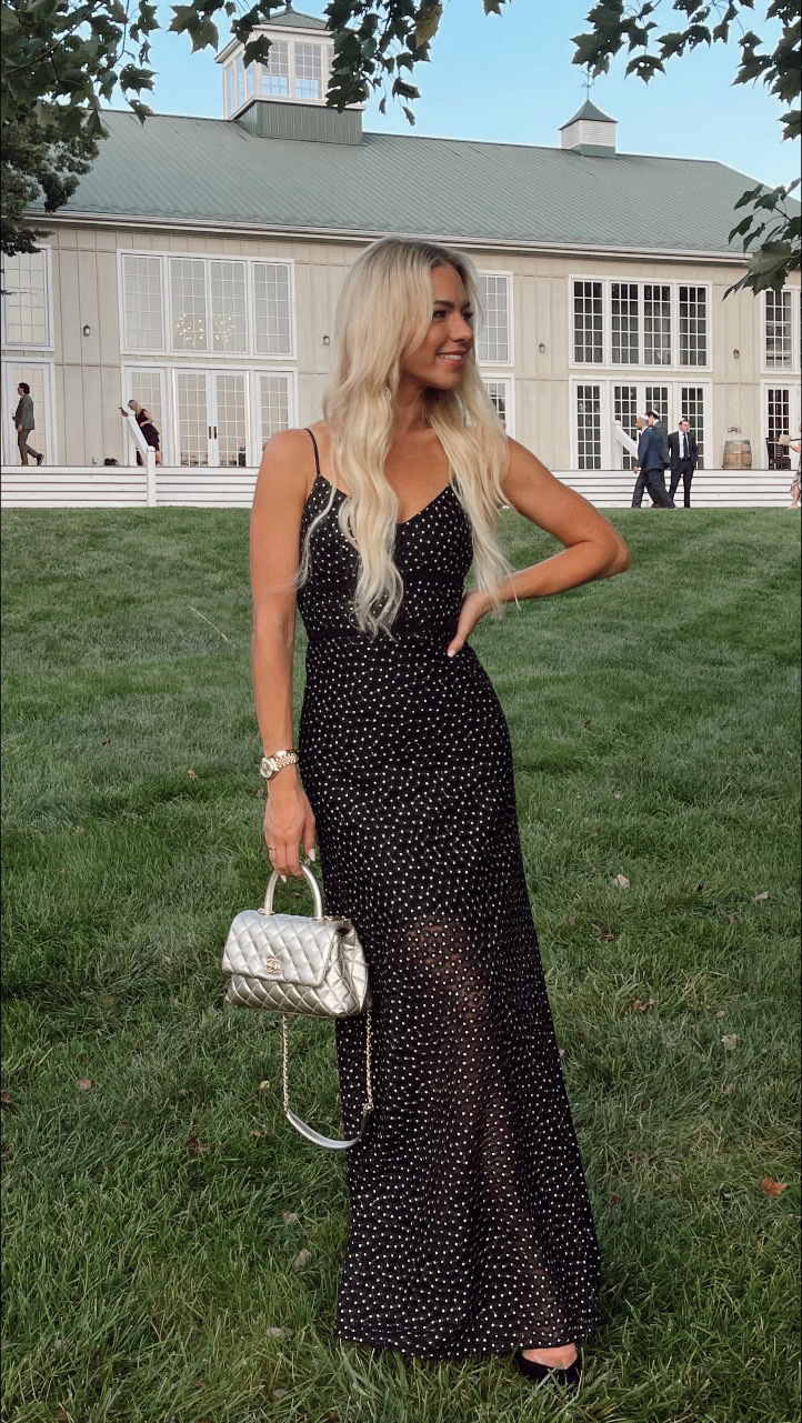black and white polka dot dress with spaghetti straps