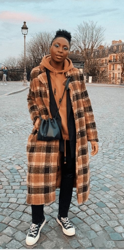 Sweatshirt, denim and plaid coat