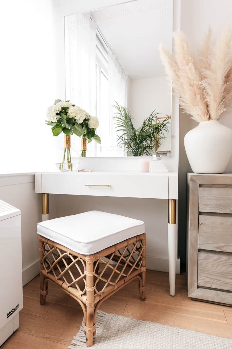 wood vanity table with bamboo stool