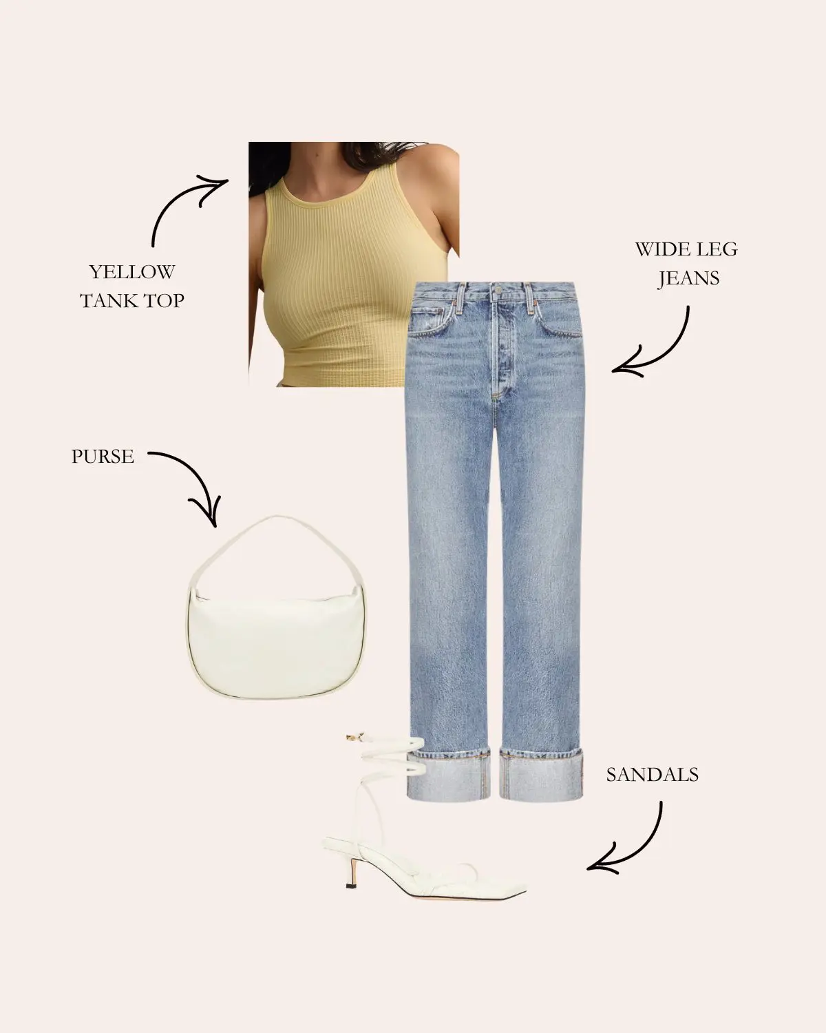 wide leg jeans outfit with a yellow tank top and white heels