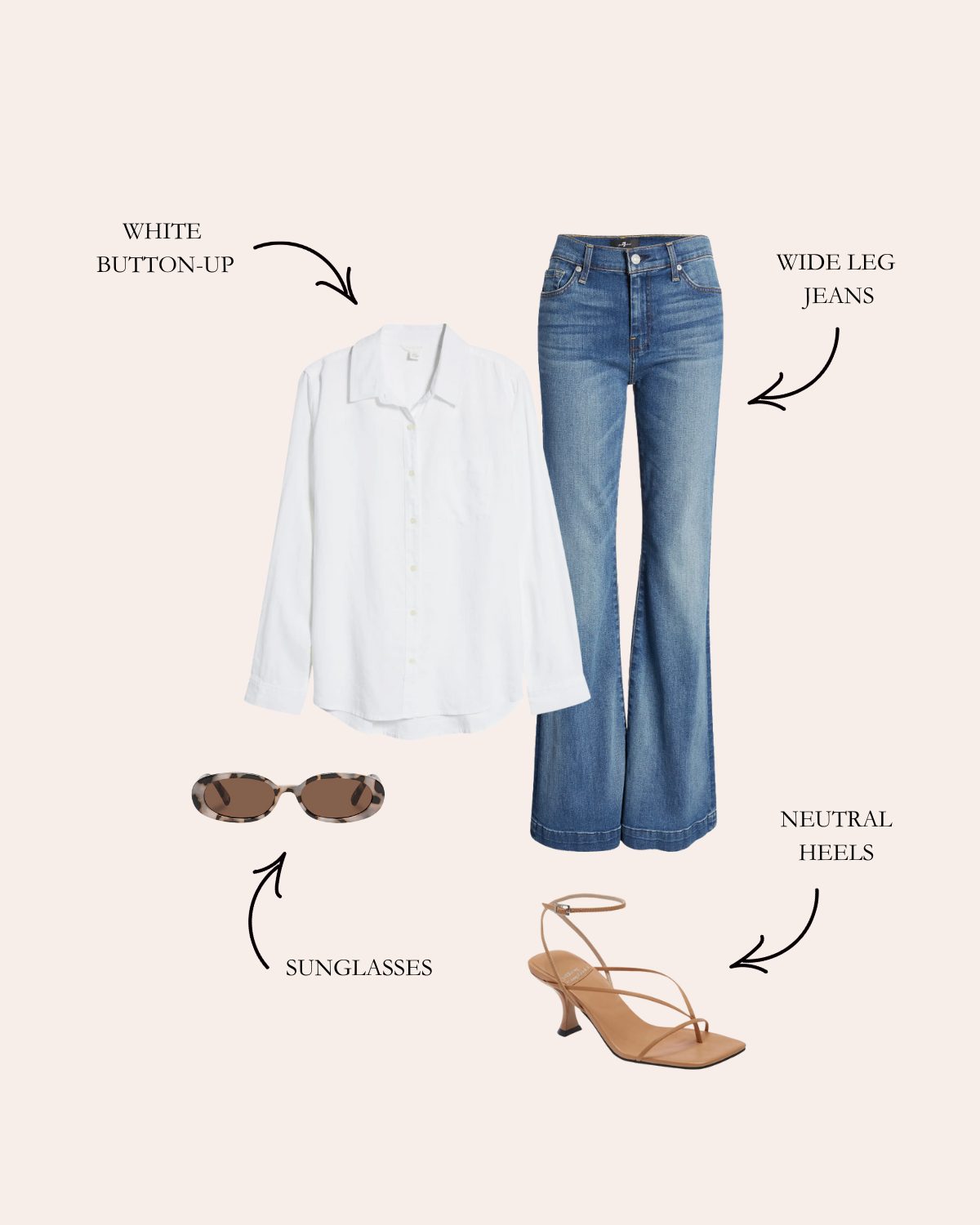 wide leg jeans outfit with a white button-up shirt and heels