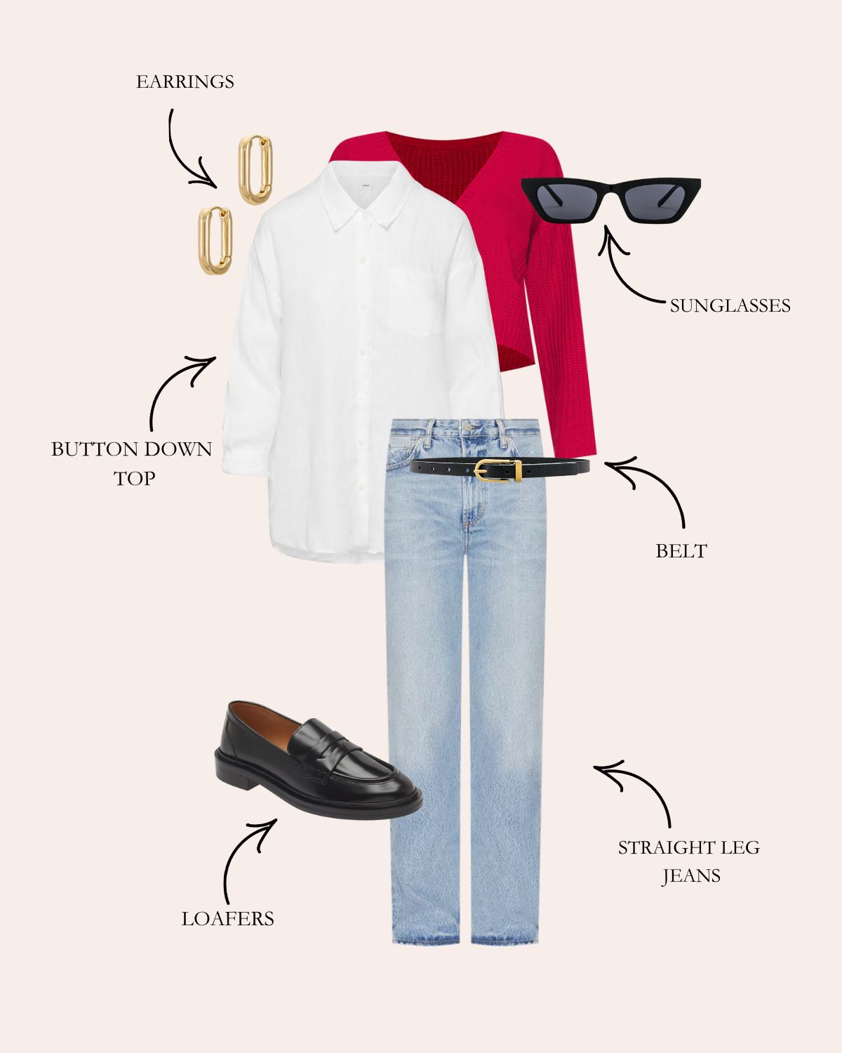 Button Down Shirt with Red Cardigan Over the Shoulder, Straight Leg Jeans, Black Loafers, and Accessories 