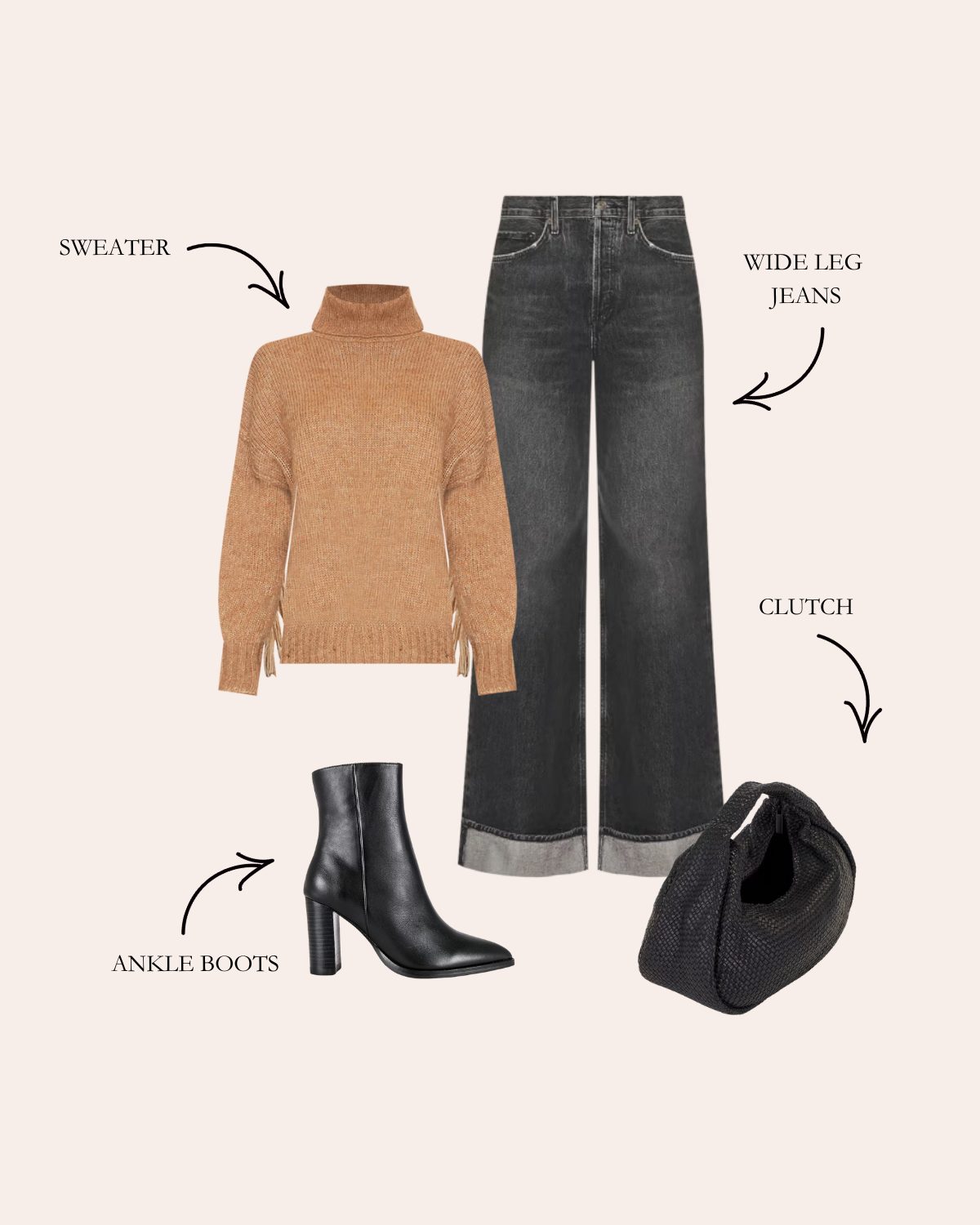 wide leg jeans outfit with a sweater and booties