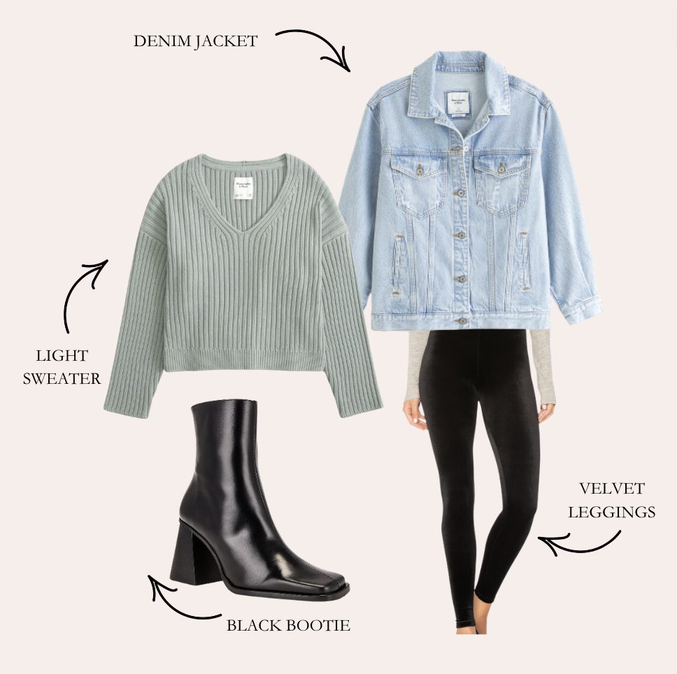 black legging outfit with denim jacket and booties