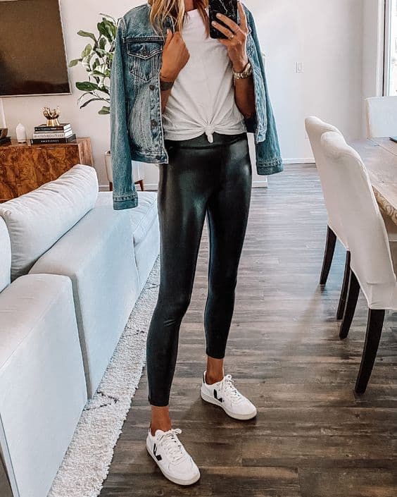leather leggings with a white tee