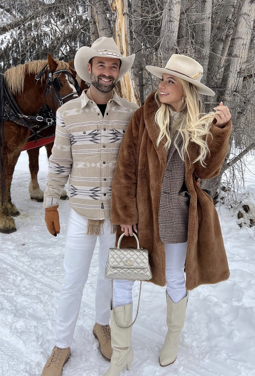 Fur Coat + Blazer + Cowboy Boots + Hat outfit