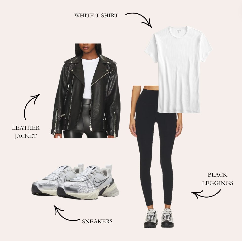 black leggings outfit with a leather jacket