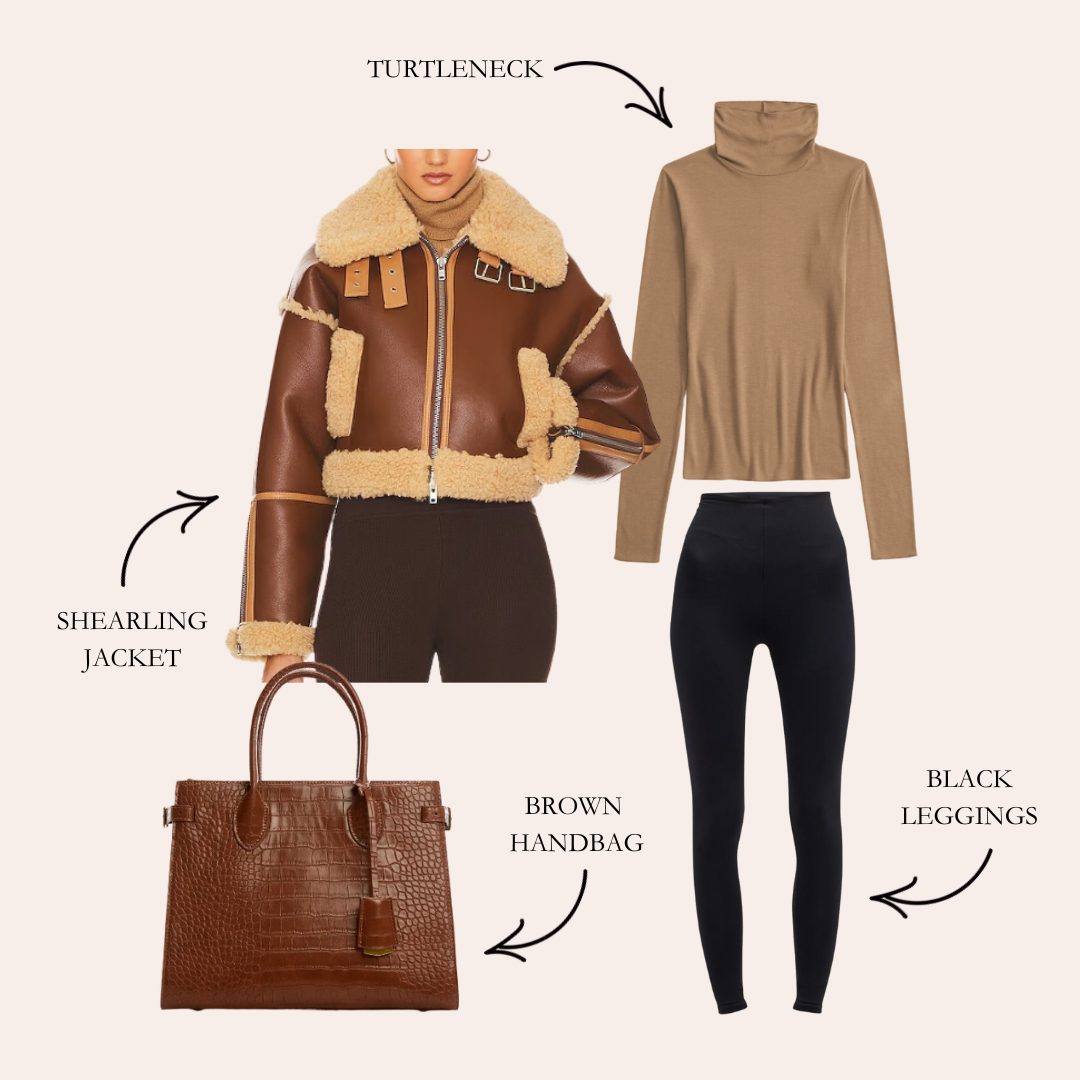 Black legging outfit with shearling jacket