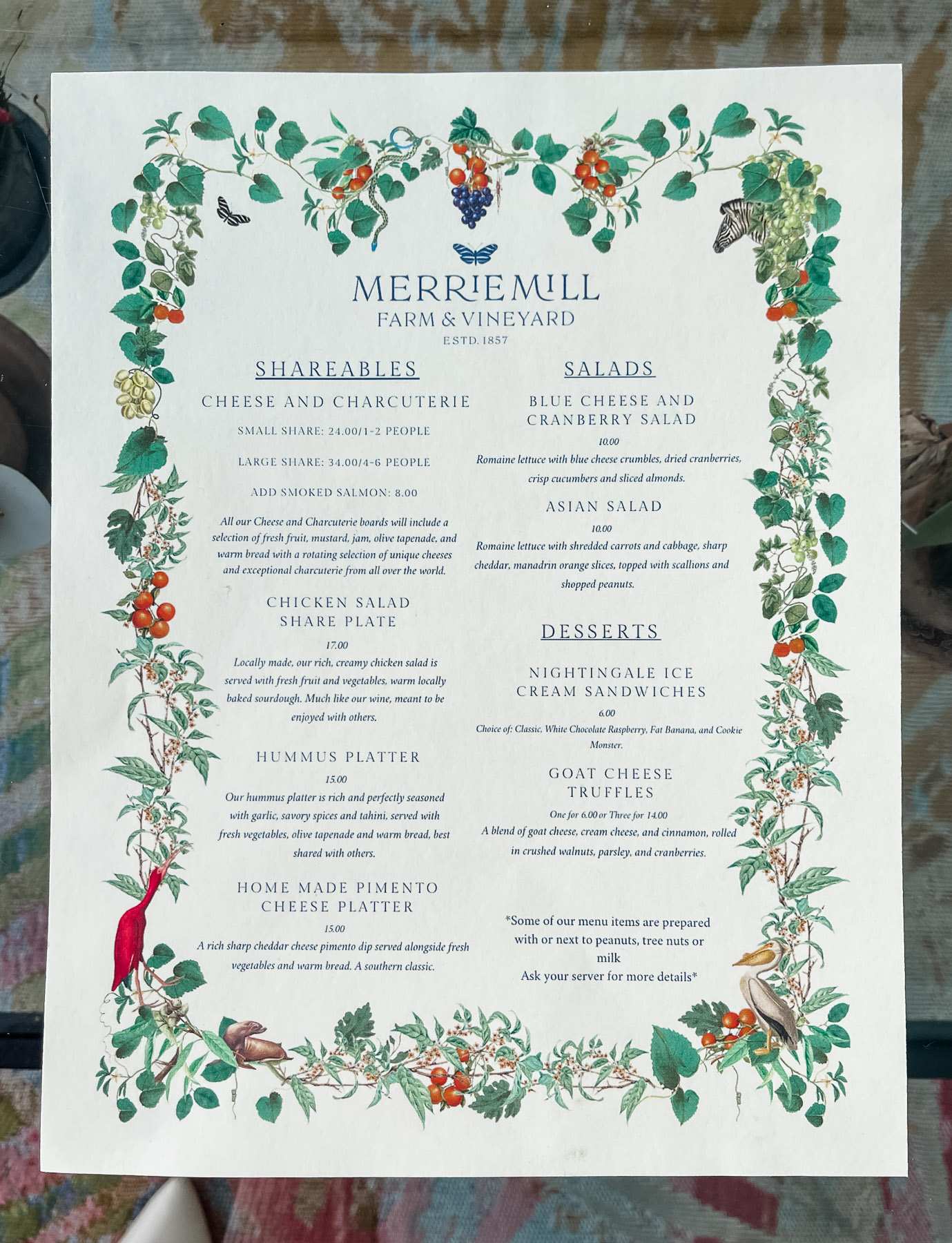 merrie mill vineyard menu