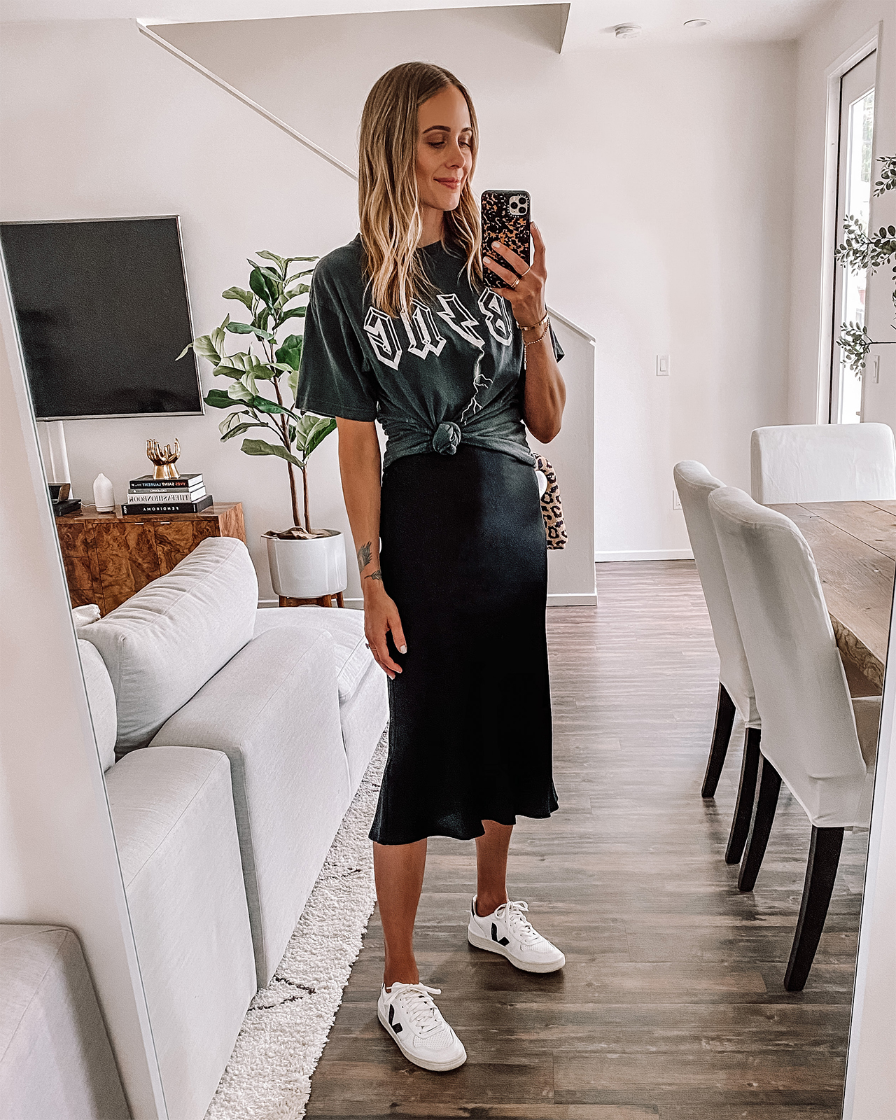 midi skirt with t shirt outfit
