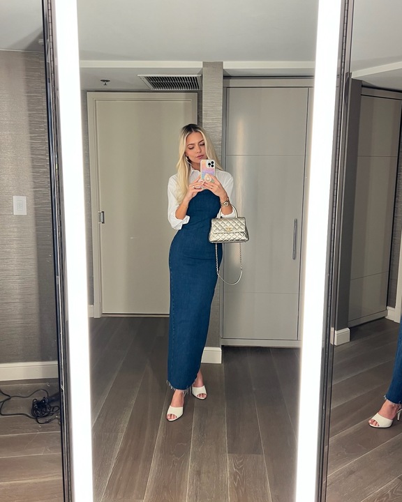 denim dress with white button up underneath