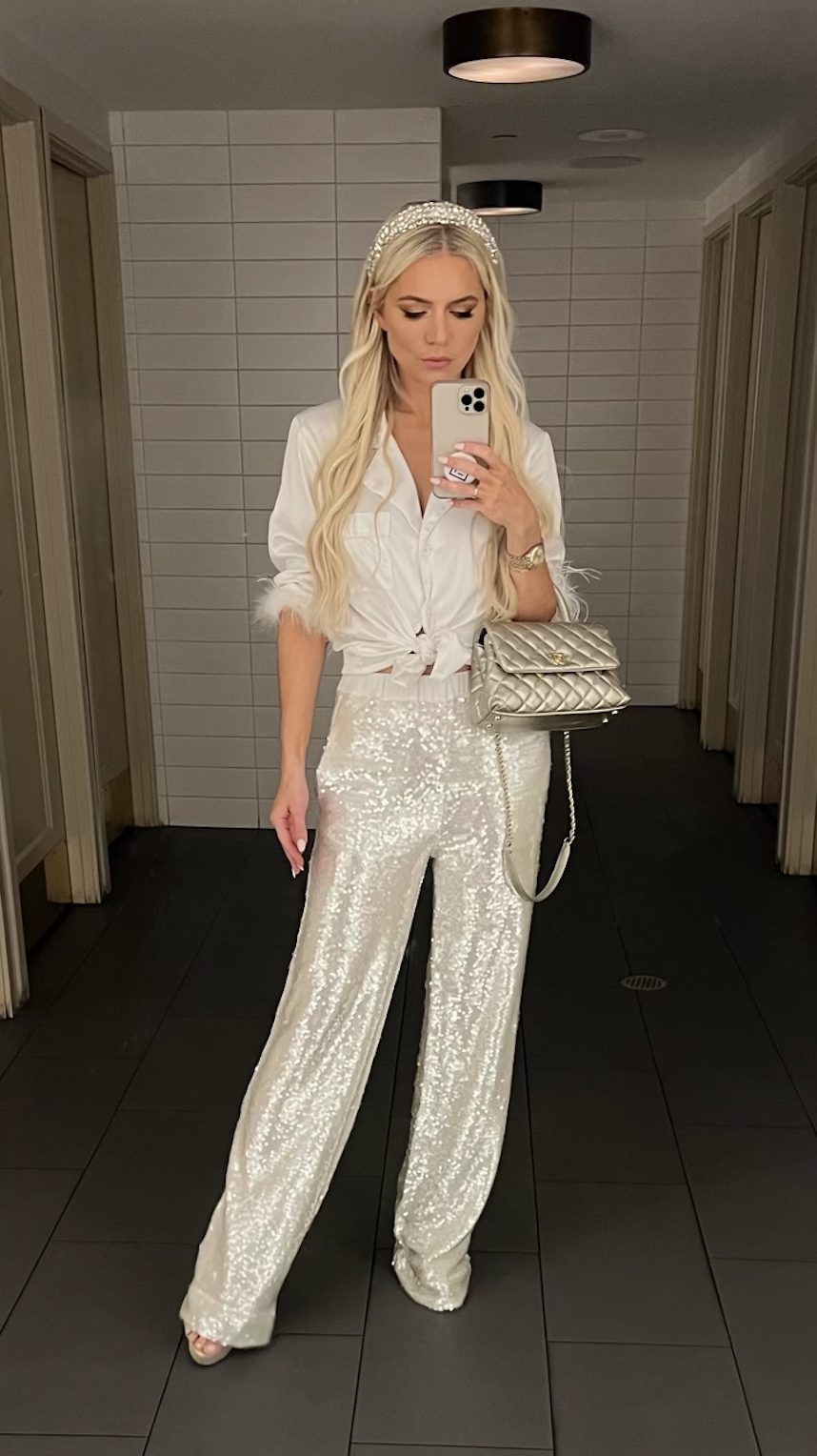 Statement Sparkle Pants + Festive Blouse Winter Date Night Outfit