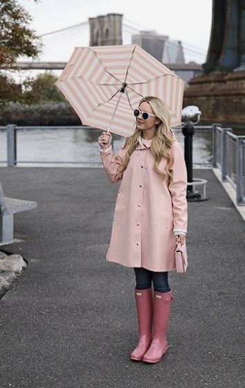 pink rain coat outfit with jeans and pink rain boots