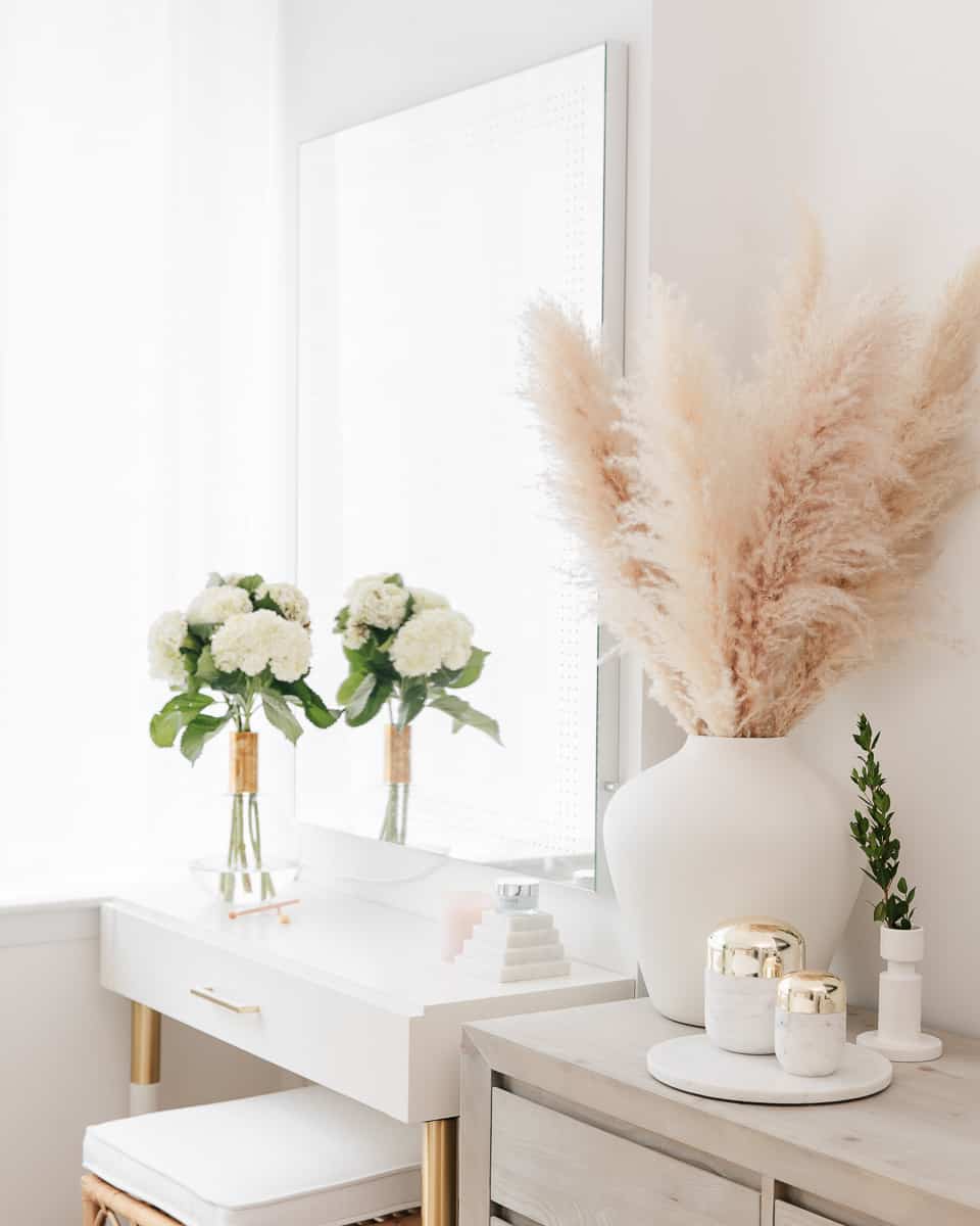 white vanity table pampas grass