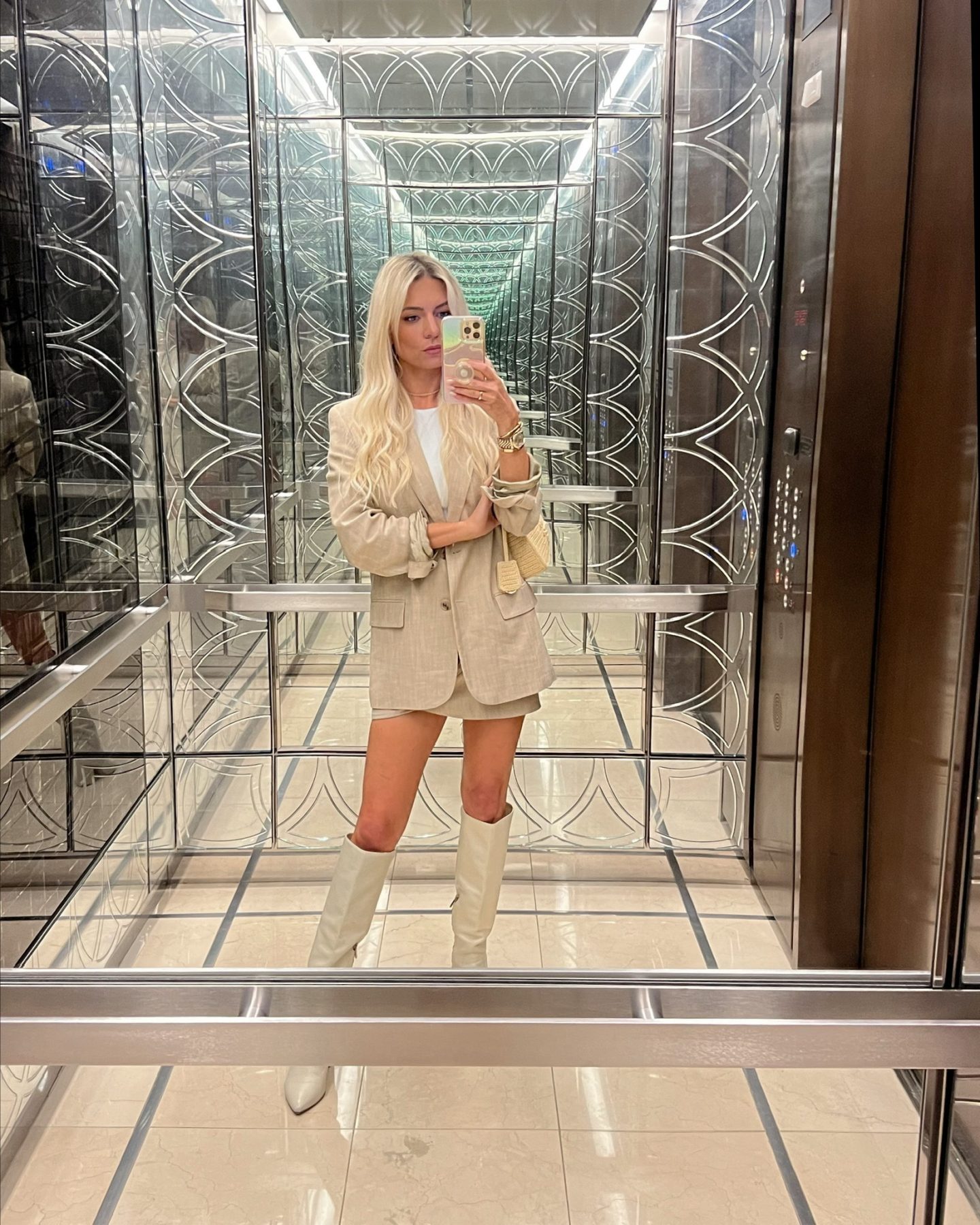 Matching blazer and skirt with boots