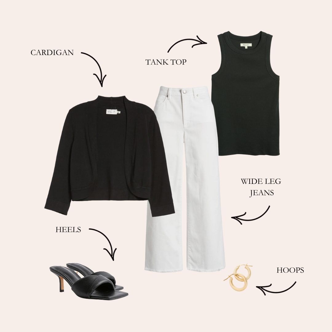 White Wide Leg Denim and black top outfit